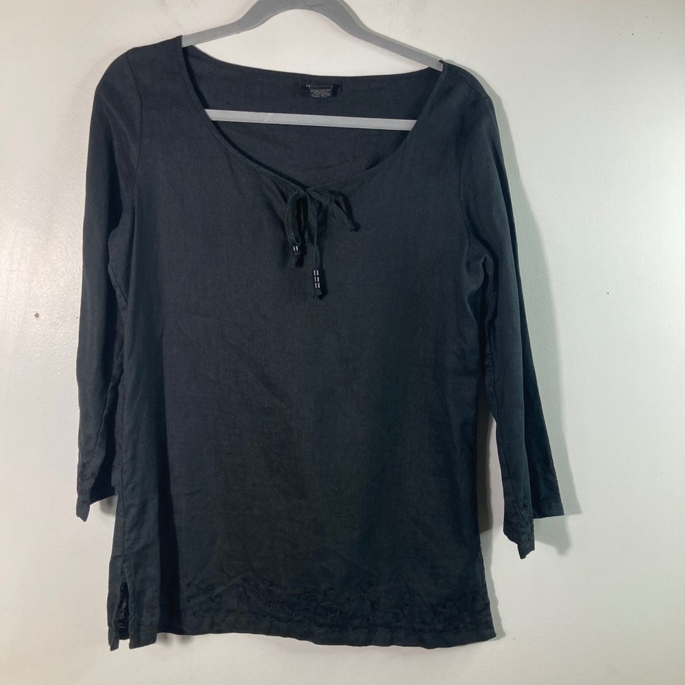 Womens The Limited Embroidered Linen Tunic V Tie Neck 3/4 Sleeve Black M